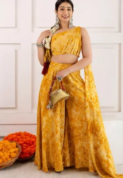 Digital Printed Viscose Silk Crop Top Set in Yellow