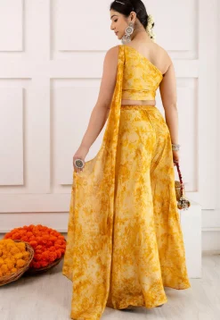 Digital Printed Viscose Silk Crop Top Set in Yellow