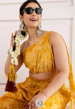 Digital Printed Viscose Silk Crop Top Set in Yellow