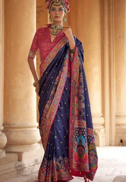 Digital Printed Viscose Silk Saree in Navy Blue