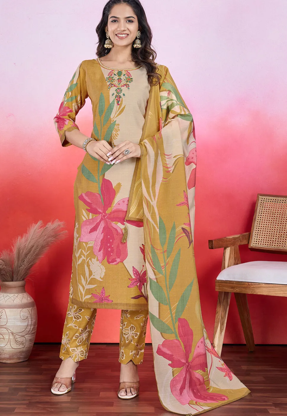 Digital Printed Viscose Silk Pakistani Suit in Yellow