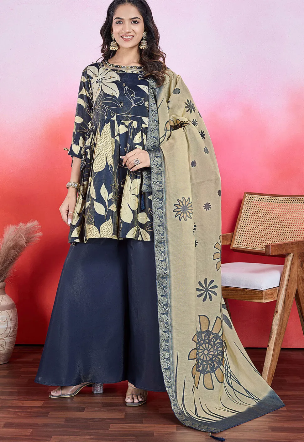 Digital Printed Viscose Silk Pakistani Suit in Navy Blue