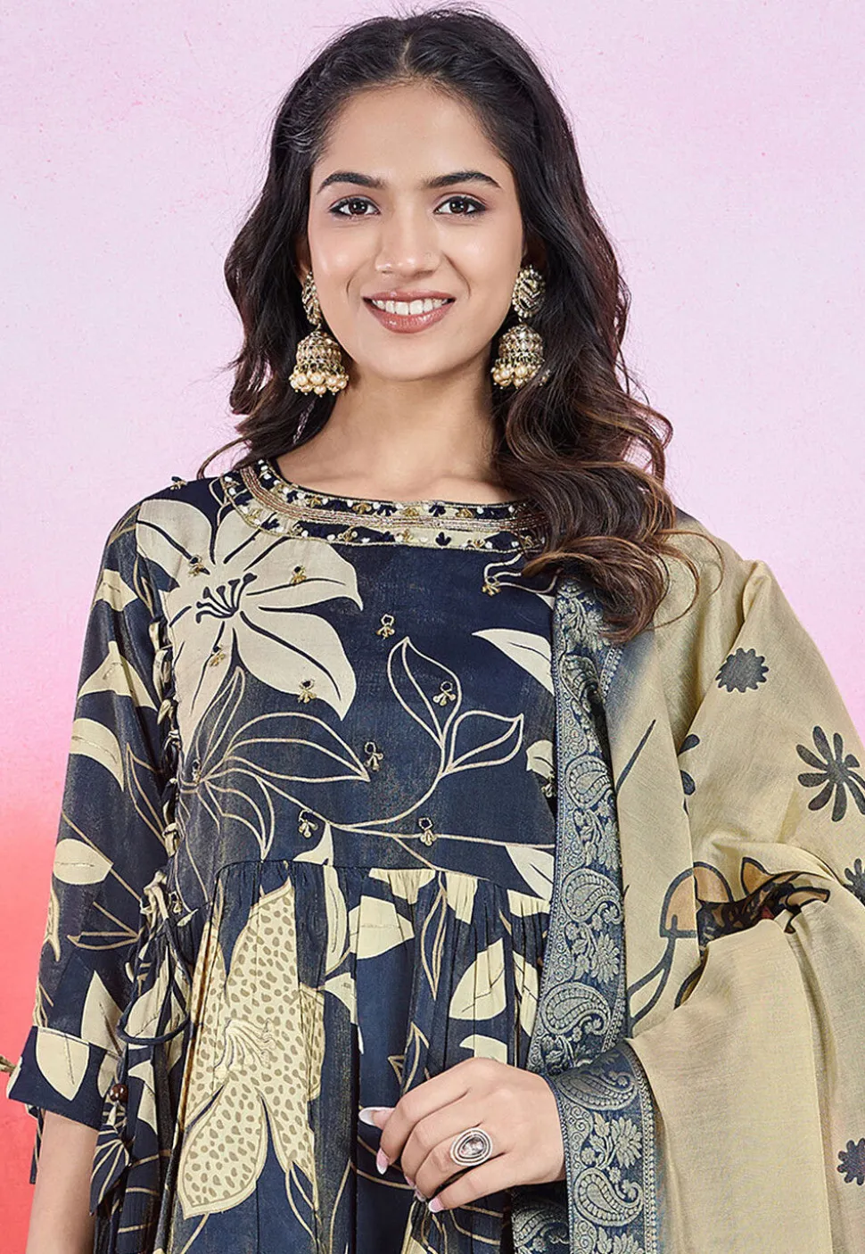 Digital Printed Viscose Silk Pakistani Suit in Navy Blue