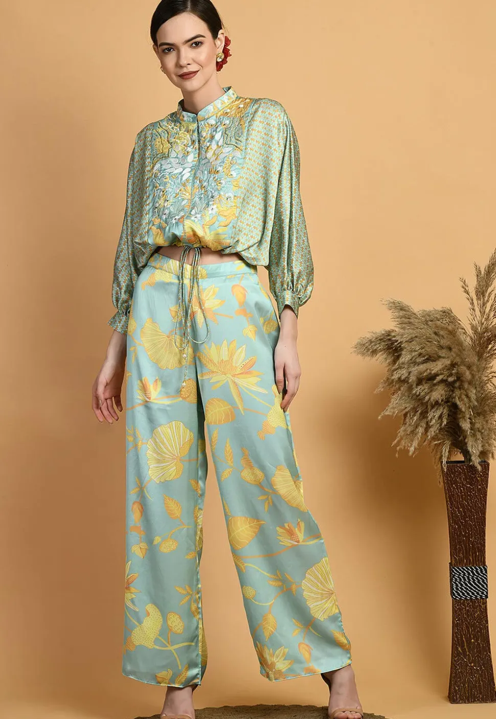 Digital Printed Viscose Silk Crop Top Set in Dusty Green