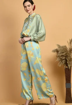 Digital Printed Viscose Silk Crop Top Set in Dusty Green