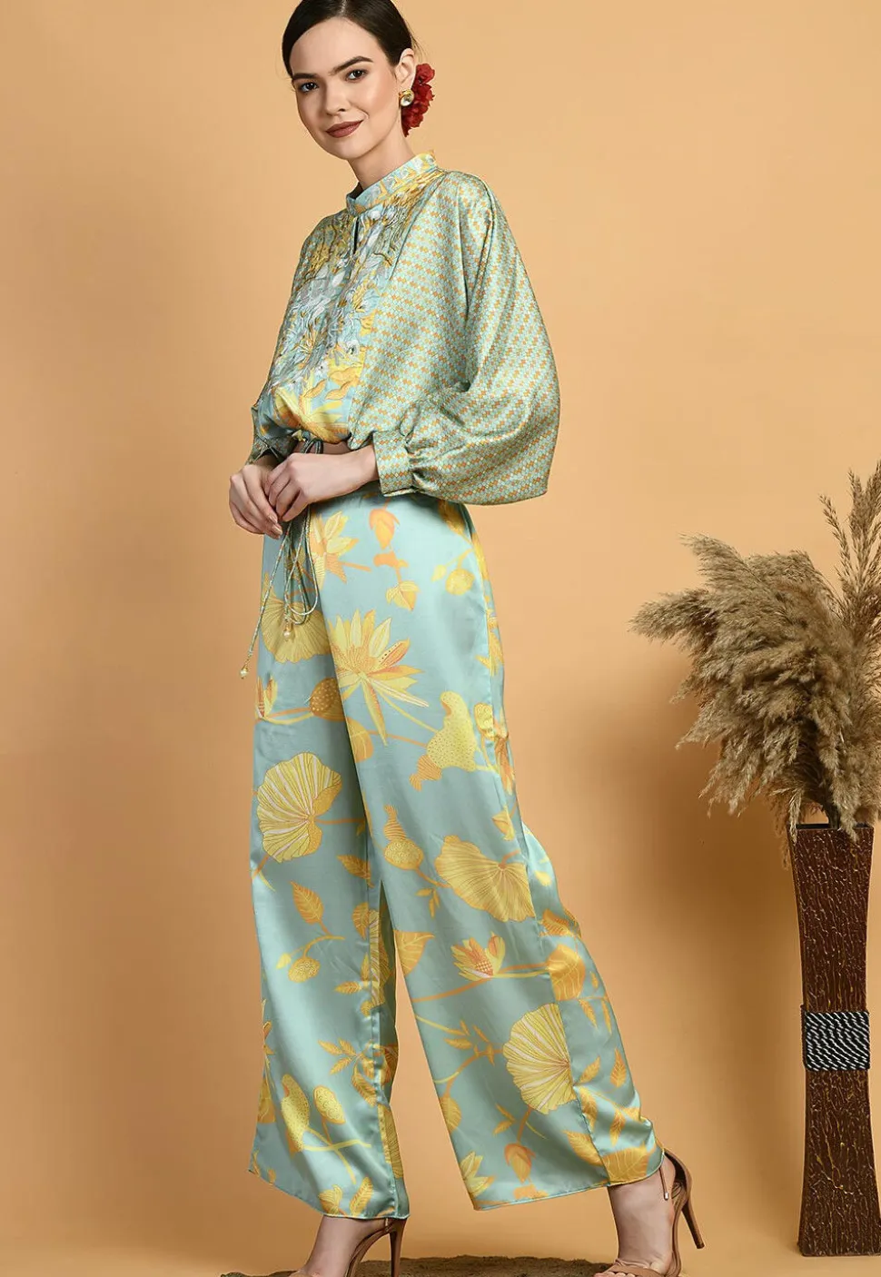 Digital Printed Viscose Silk Crop Top Set in Dusty Green