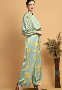 Digital Printed Viscose Silk Crop Top Set in Dusty Green