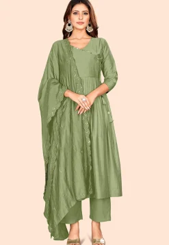 Embellished Art Silk A Line Suit in Dusty Green