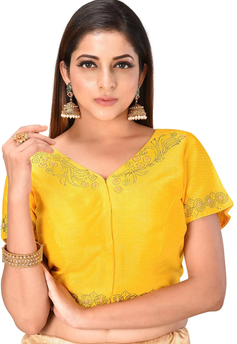 Embellished Art Silk Blouse in Yellow