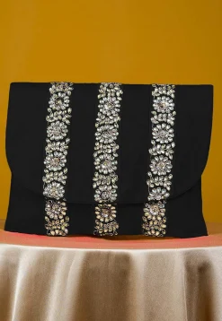 Embellished Art Silk Clutch Bag in Black