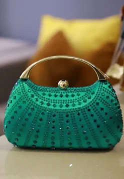Embellished Art Silk Clutch Bag in Teal Green