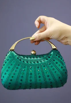 Embellished Art Silk Clutch Bag in Teal Green