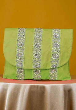 Embellished Art Silk Clutch Bag in Light Green
