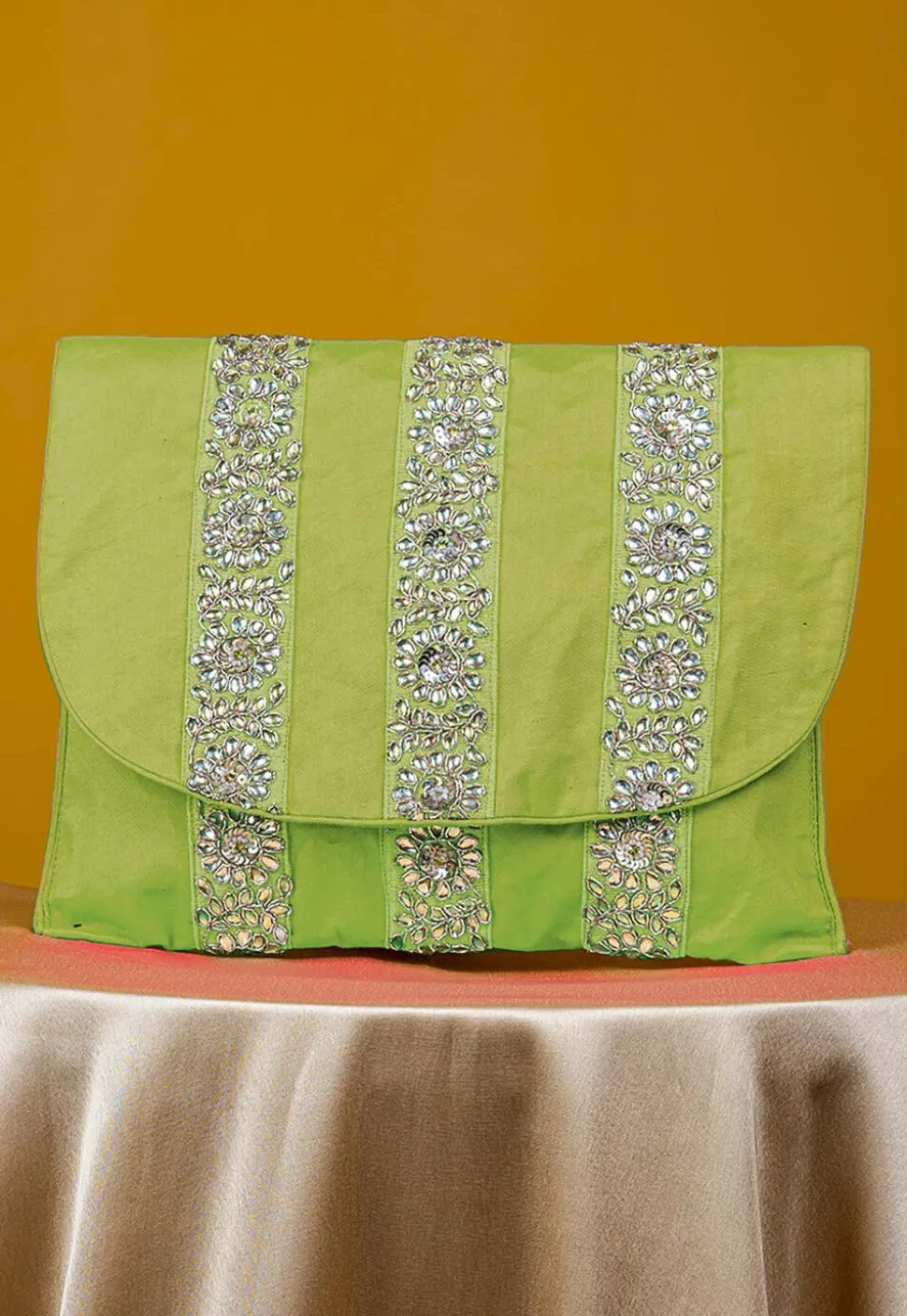 Embellished Art Silk Clutch Bag in Light Green