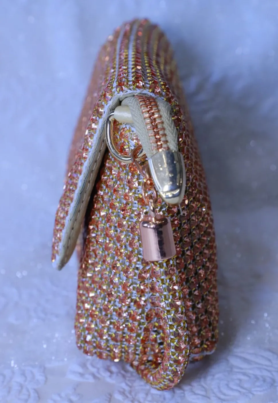 Embellished Art Silk Clutch Bag in Rose Gold