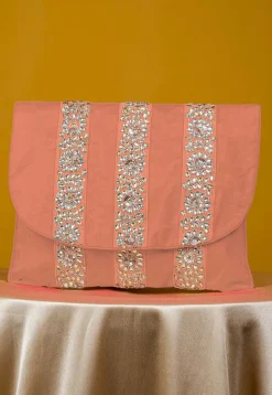 Embellished Art Silk Clutch Bag in Peach