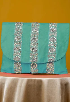 Embellished Art Silk Clutch Bag in Pastel Blue