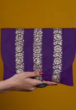 Embellished Art Silk Clutch Bag in Purple