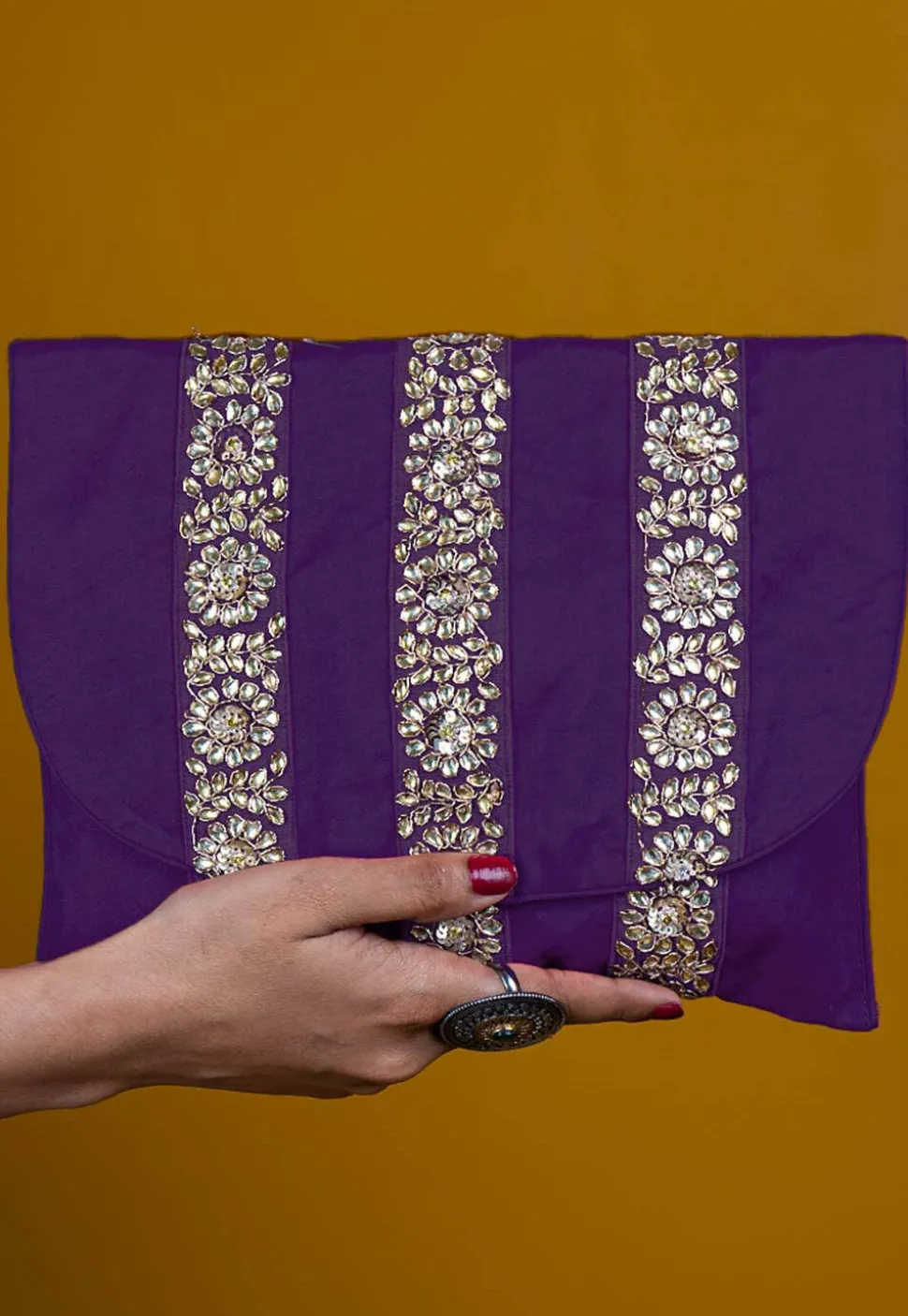 Embellished Art Silk Clutch Bag in Purple