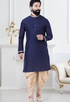 Embellished Art Silk Dhoti Kurta in Navy Blue