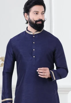 Embellished Art Silk Dhoti Kurta in Navy Blue