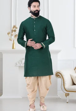 Embellished Art Silk Dhoti Kurta in Dark Green
