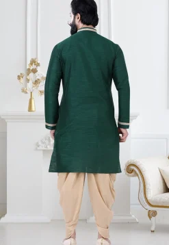 Embellished Art Silk Dhoti Kurta in Dark Green