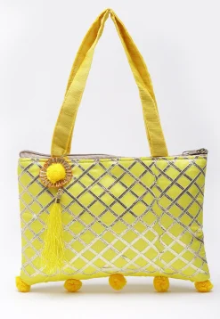 Embellished Art Silk Hand Bag in Yellow