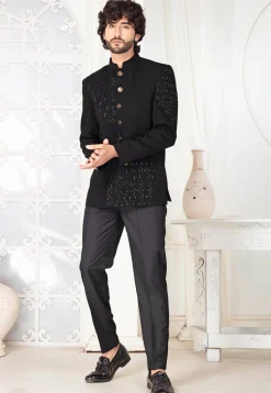 Embellished Art Silk Jodhpuri Suit in Black