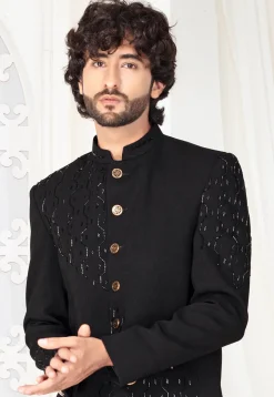 Embellished Art Silk Jodhpuri Suit in Black