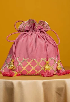 Embellished Art Silk Potli Bag in Pink
