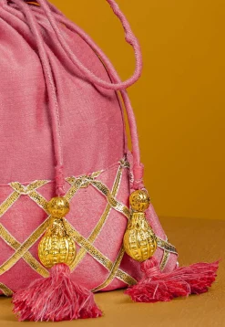 Embellished Art Silk Potli Bag in Pink