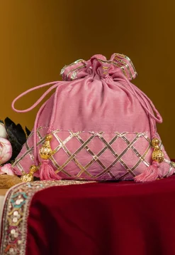 Embellished Art Silk Potli Bag in Pink