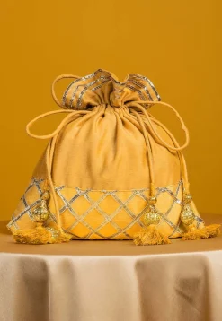 Embellished Art Silk Potli Bag in Yellow