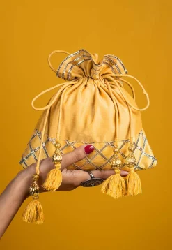 Embellished Art Silk Potli Bag in Yellow