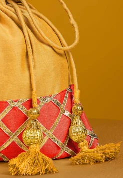 Embellished Art Silk Potli Bag in Yellow and Orange