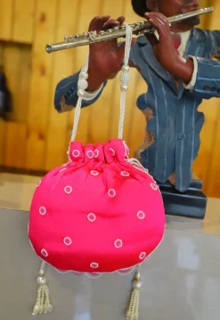 Embellished Art Silk Potli Bag in Pink