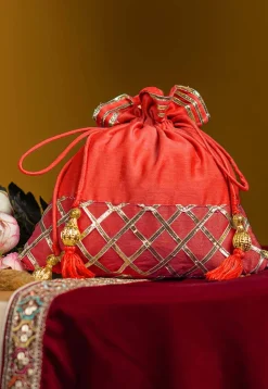 Embellished Art Silk Potli Bag in Orange