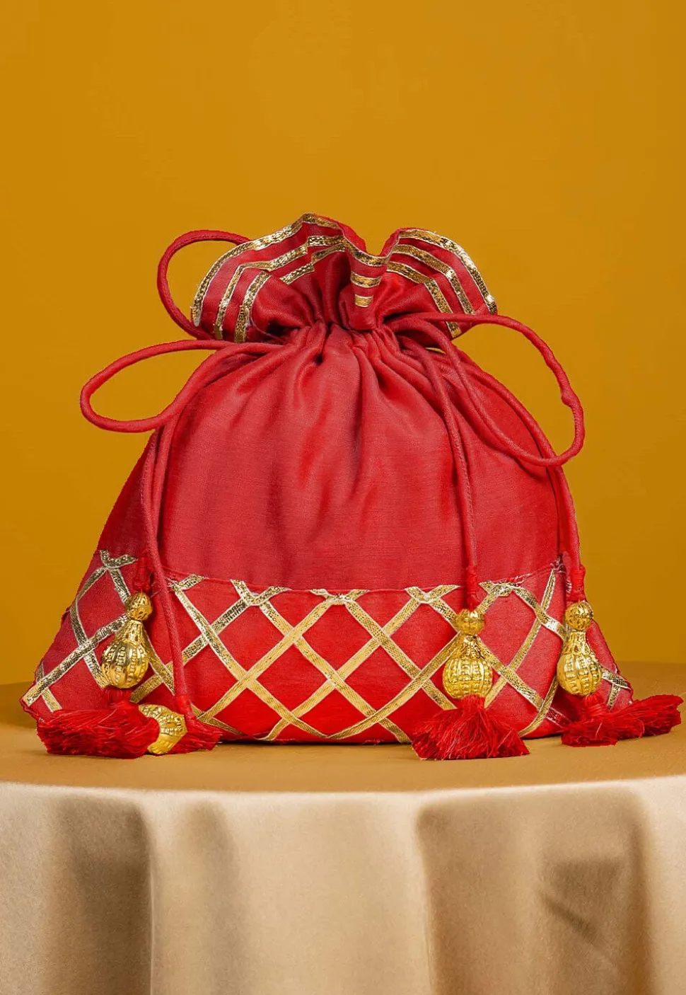 Embellished Art Silk Potli Bag in Coral Red
