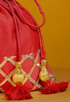 Embellished Art Silk Potli Bag in Coral Red