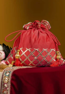 Embellished Art Silk Potli Bag in Coral Red