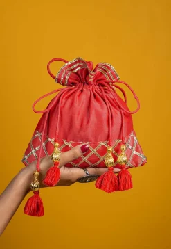 Embellished Art Silk Potli Bag in Coral Red