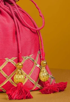 Embellished Art Silk Potli Bag in Pink