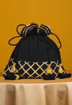Embellished Art Silk Potli Bag in Black