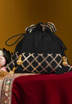 Embellished Art Silk Potli Bag in Black