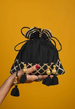 Embellished Art Silk Potli Bag in Black