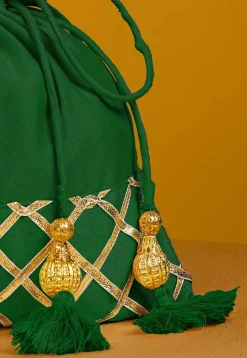 Embellished Art Silk Potli Bag in Dark Green