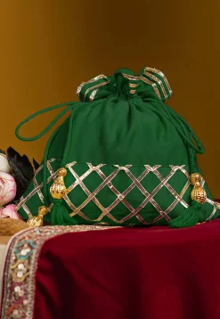 Embellished Art Silk Potli Bag in Dark Green