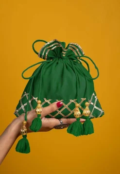Embellished Art Silk Potli Bag in Dark Green