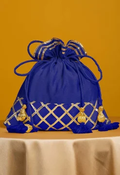Embellished Art Silk Potli Bag in Royal Blue